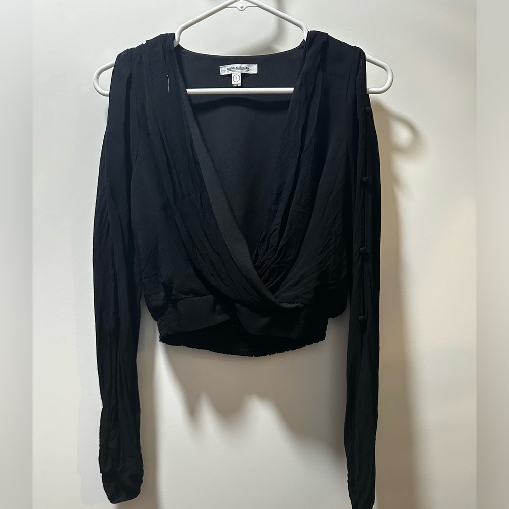 Black Good American Crop Top w/ Cut Out Sleeves